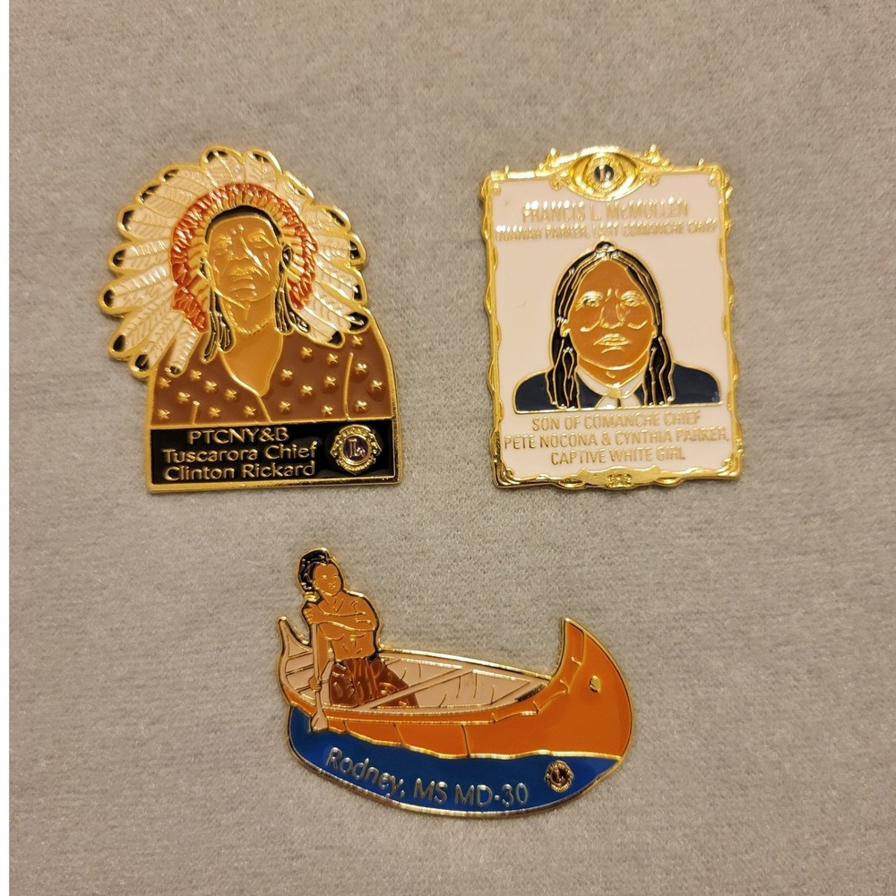 Lions‎ Club Pins Native American Chief Clinton Rickard Quanah Parker Rodney 3pc